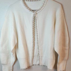Commense Open front Pearl trimmed distressed sweater